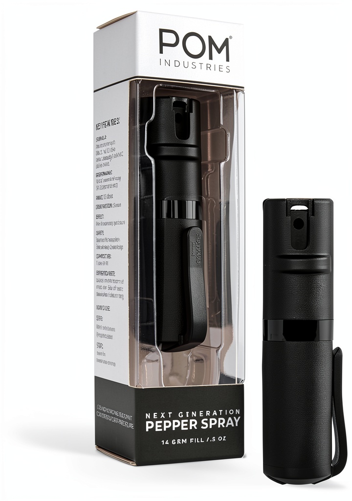 POM Pepper Spray with pocket clip attached to a belt