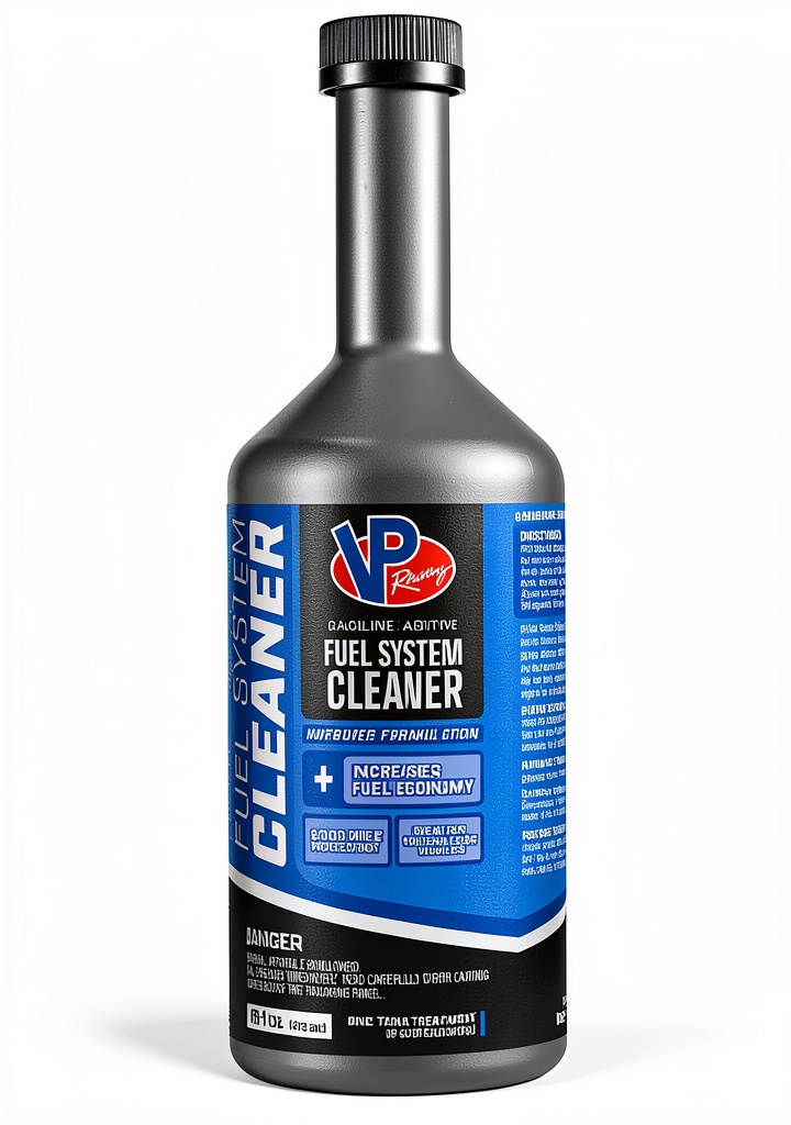 Installing Vp Fuel VP 2805 Gasoline Fuel System Cleaner on a wooden garage workbench