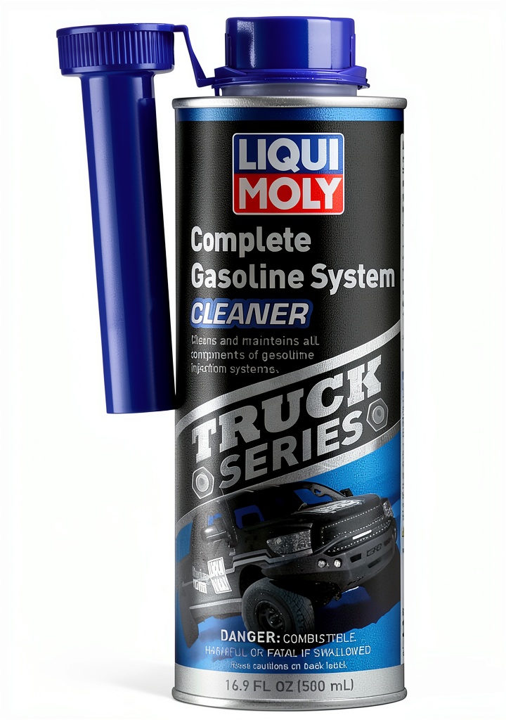 Liqui Moly fuel system cleaner being poured into a truck fuel tank