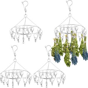 4 Pcs Round Stainless Steel Hanging Herb Drying Rack, 20 Hooks Space Saving Kitchen Dryer for Fresh Herbs, Flowers, Tea, Mint, Rustproof Laundry Racks for Indoor Outdoor Use-0