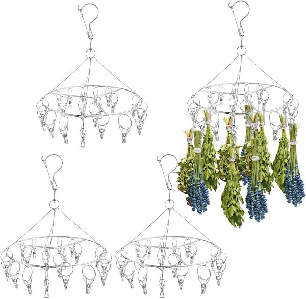 4 Pcs Round Stainless Steel Hanging Herb Drying Rack, 20 Hooks Space Saving Kitchen Dryer for Fresh Herbs, Flowers, Tea, Mint, Rustproof Laundry Racks for Indoor Outdoor Use-0