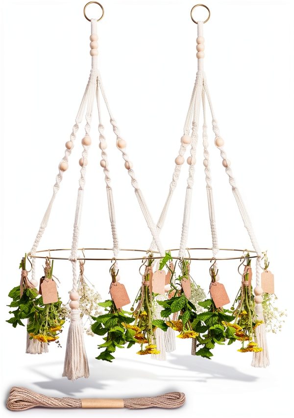 Herb Drying Rack PROTITOUS 2-Pack with Tassels, Gold Hooks & Jute-0