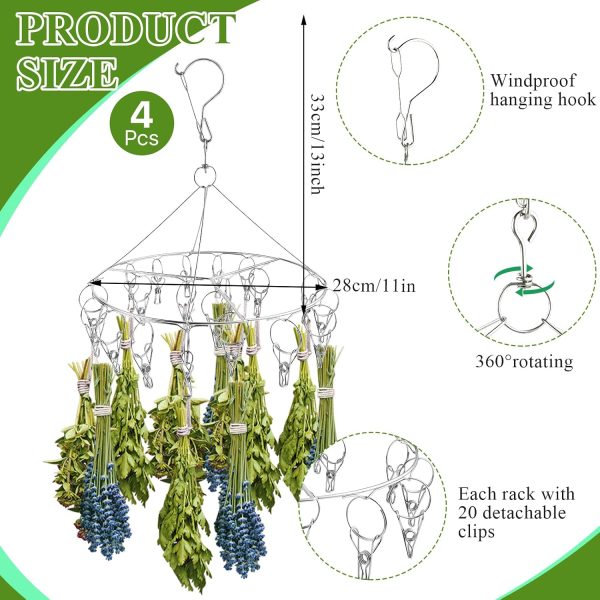 4 Pcs Round Stainless Steel Hanging Herb Drying Rack, 20 Hooks Space Saving Kitchen Dryer for Fresh Herbs, Flowers, Tea, Mint, Rustproof Laundry Racks for Indoor Outdoor Use-2