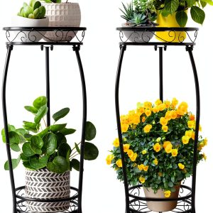 2 Pack Plant Stand Indoor Outdoor 2 Tier 27" Tall Metal Potted Holder Rack Flower Pot Stand Heavy Duty Plant Shelf Rustproof Iron Multiple Plant Round Supports Rack for Planter Corner Garden-0