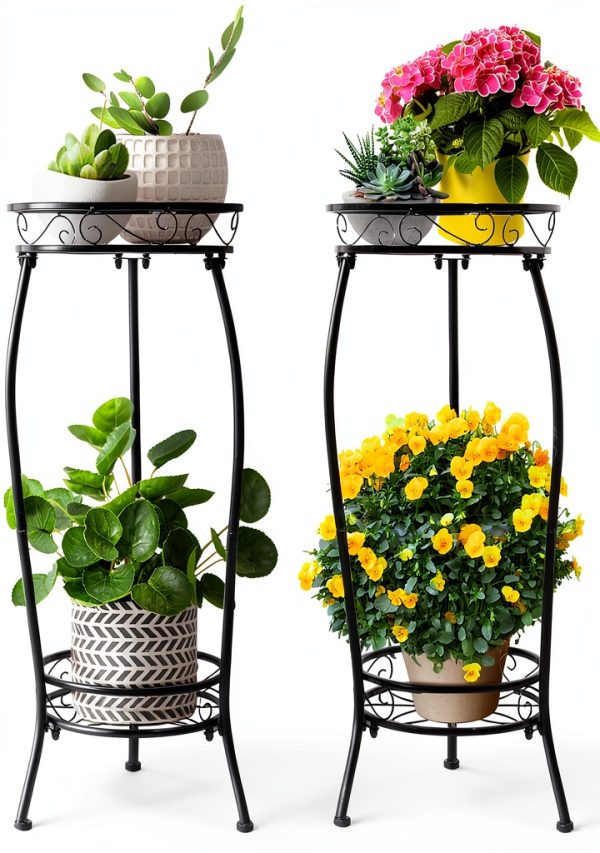 2 Pack Plant Stand Indoor Outdoor 2 Tier 27" Tall Metal Potted Holder Rack Flower Pot Stand Heavy Duty Plant Shelf Rustproof Iron Multiple Plant Round Supports Rack for Planter Corner Garden-0