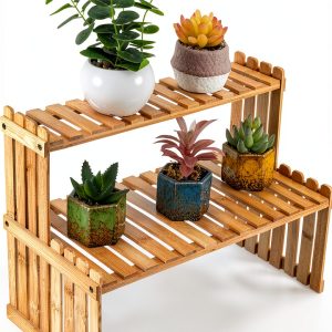 Natural Bamboo Indoor Plant Stand MyGift 2-Tier Desktop Shelf-0
