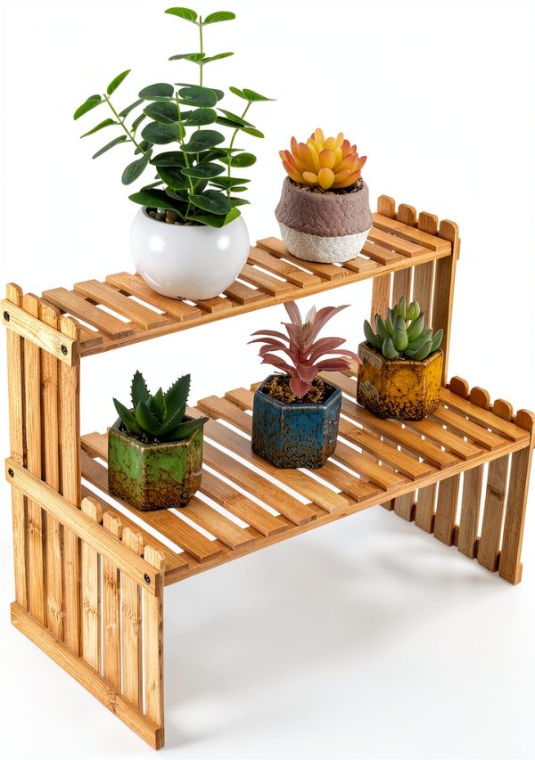 Natural Bamboo Indoor Plant Stand MyGift 2-Tier Desktop Shelf-0