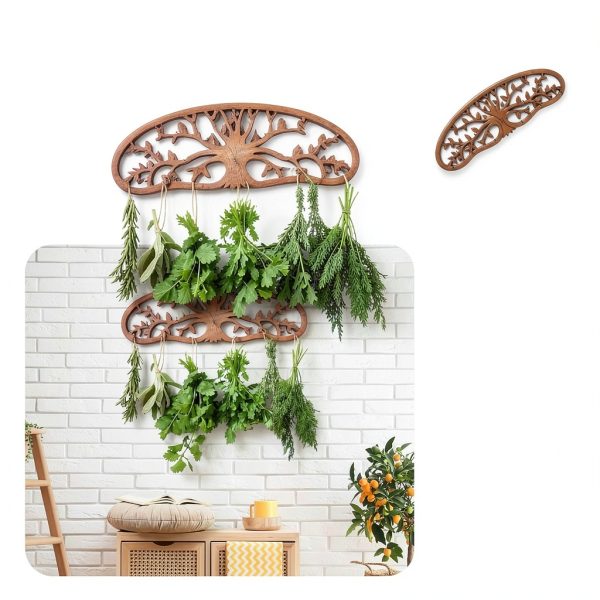 Pine Wood Herb Drying Rack ZHIYUEJING Wall Rack with Floral Tree-2