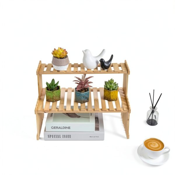 Natural Bamboo Indoor Plant Stand MyGift 2-Tier Desktop Shelf-2