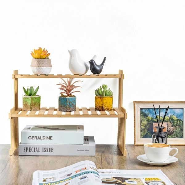 Natural Bamboo Indoor Plant Stand MyGift 2-Tier Desktop Shelf-3