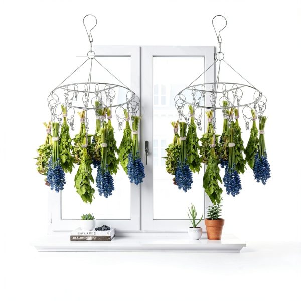 4 Pcs Round Stainless Steel Hanging Herb Drying Rack, 20 Hooks Space Saving Kitchen Dryer for Fresh Herbs, Flowers, Tea, Mint, Rustproof Laundry Racks for Indoor Outdoor Use-6